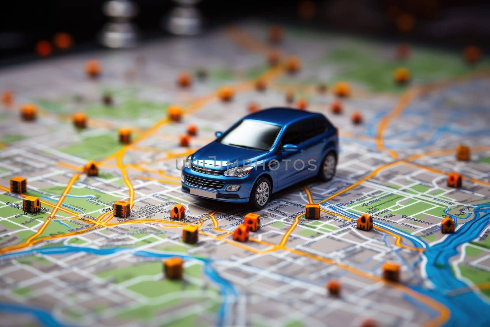 Road with GPS navigation on city map. Car road, street, highway roadmap. Generative AI.