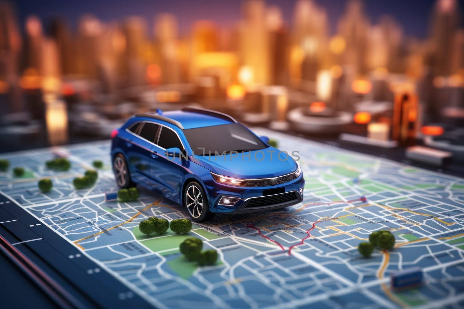 Road with GPS navigation on city map. Car road, street, highway roadmap. Generative AI.