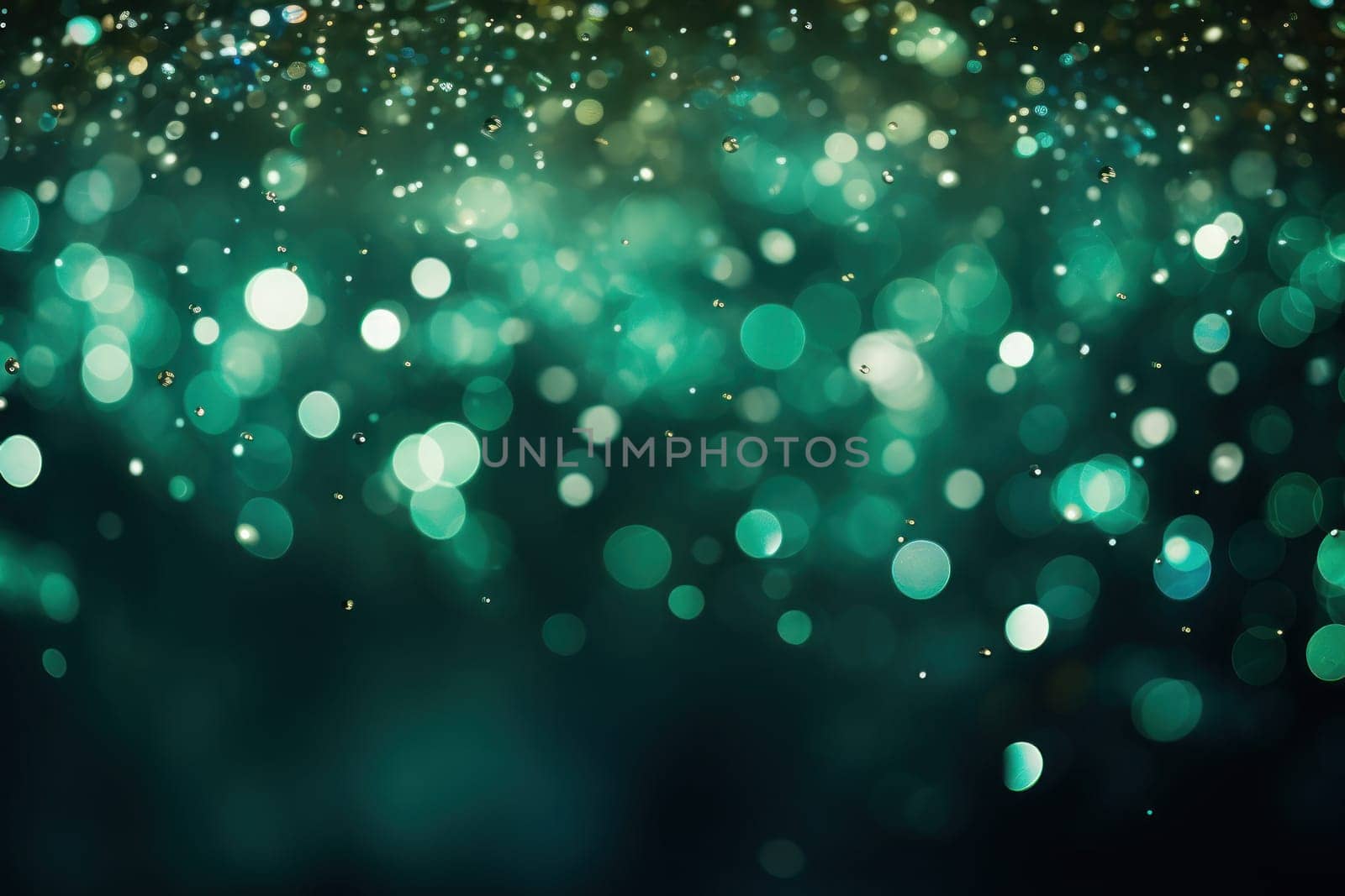 Glitter green blurred bokeh lights background. Generative AI.