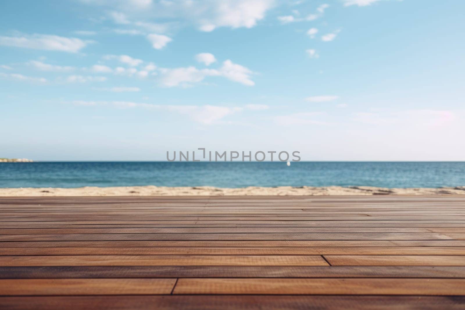 Wooden deck floor on the background of the sea and blue sky background. Generative AI.