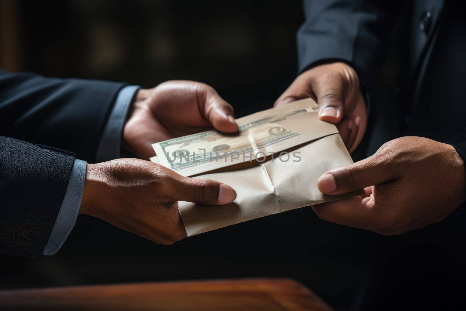 A man giving bribe money in a brown envelope to another businessman. Generative AI.