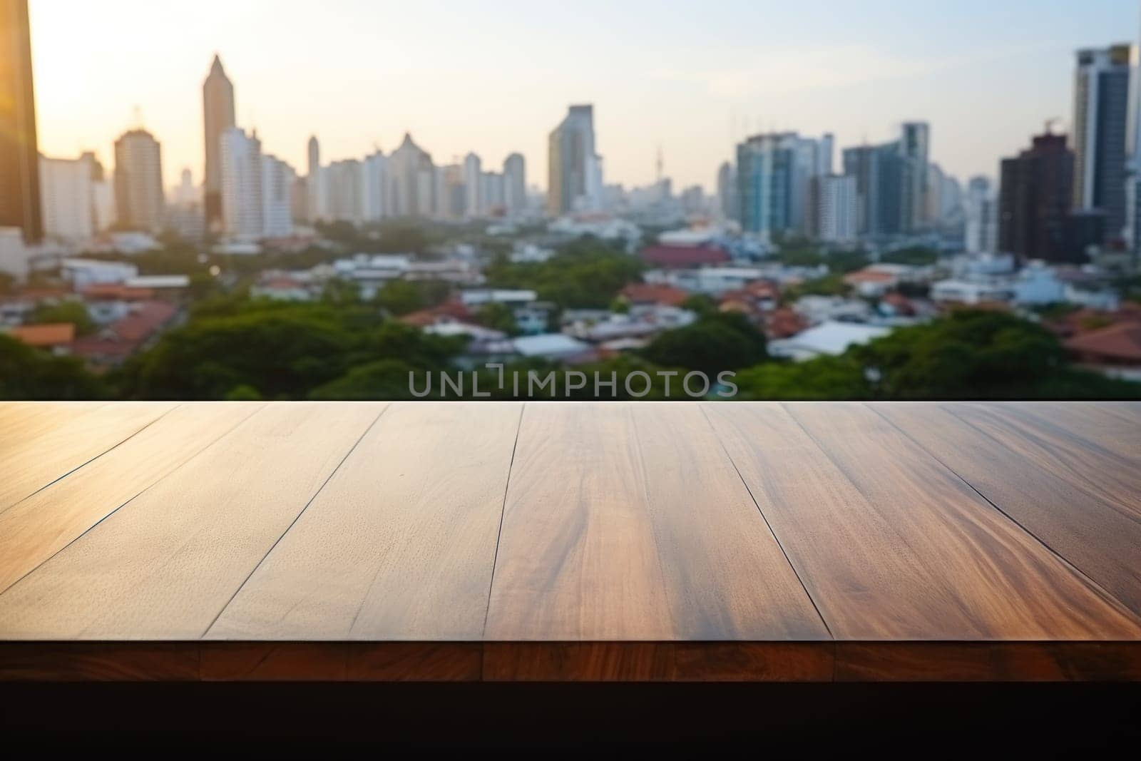 Empty top table no objects on the table blurred bangkok in the background. Generative AI.