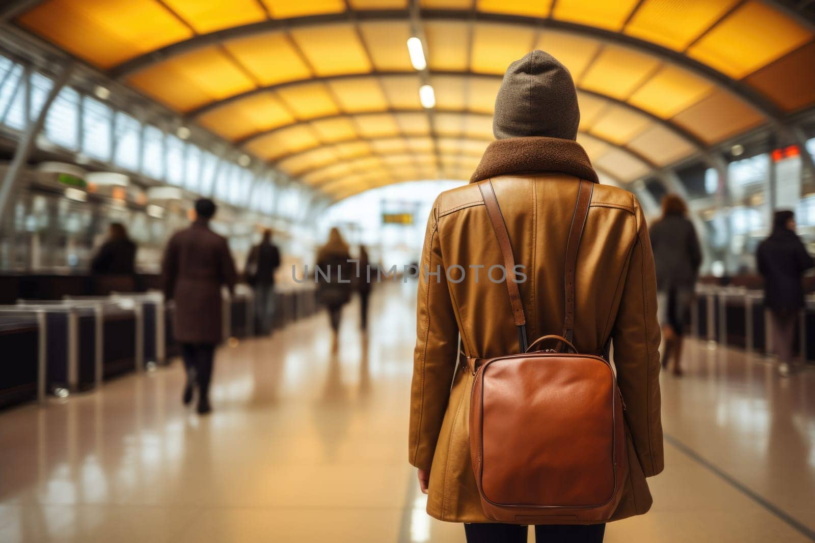 Travel, airport and excited woman. Backpack woman wearing warm clothes waiting for departure in the airport, back view. ai generated