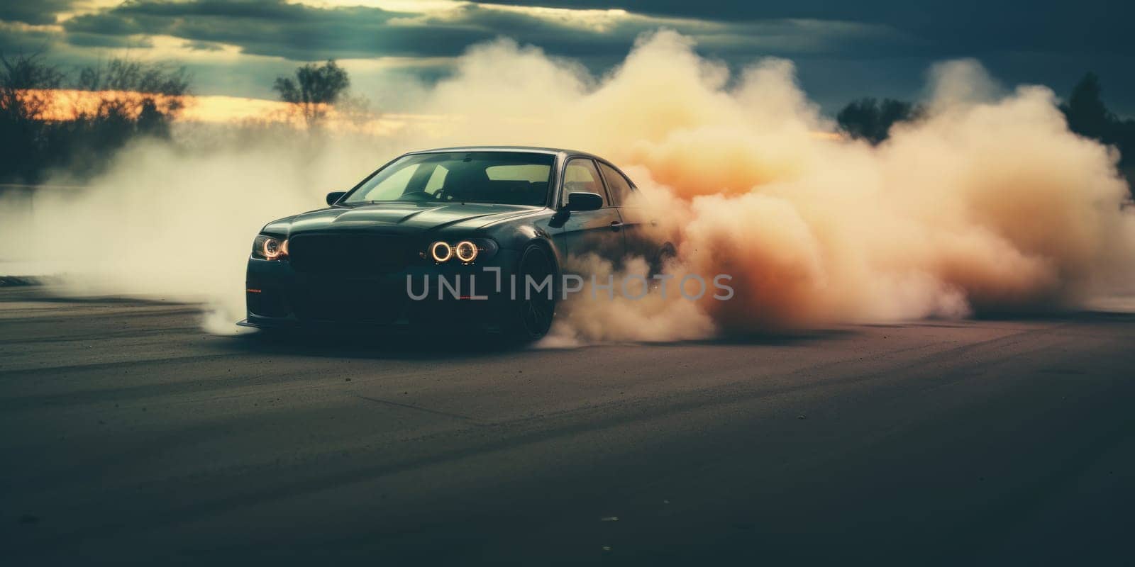 A car drifting leaving behind smoke. Generative AI.
