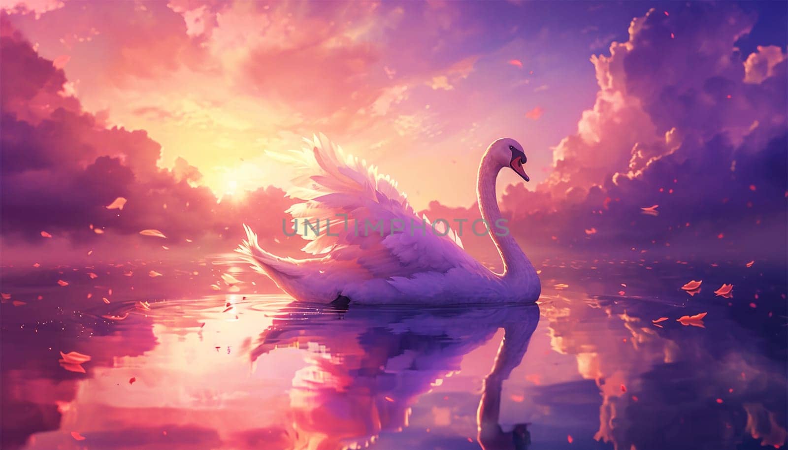 Magical pink sunset landscape with Swan sparkling lights. Swan are swimming in the water,sun light reflect like that sunset. Fairy tale design by Annebel146