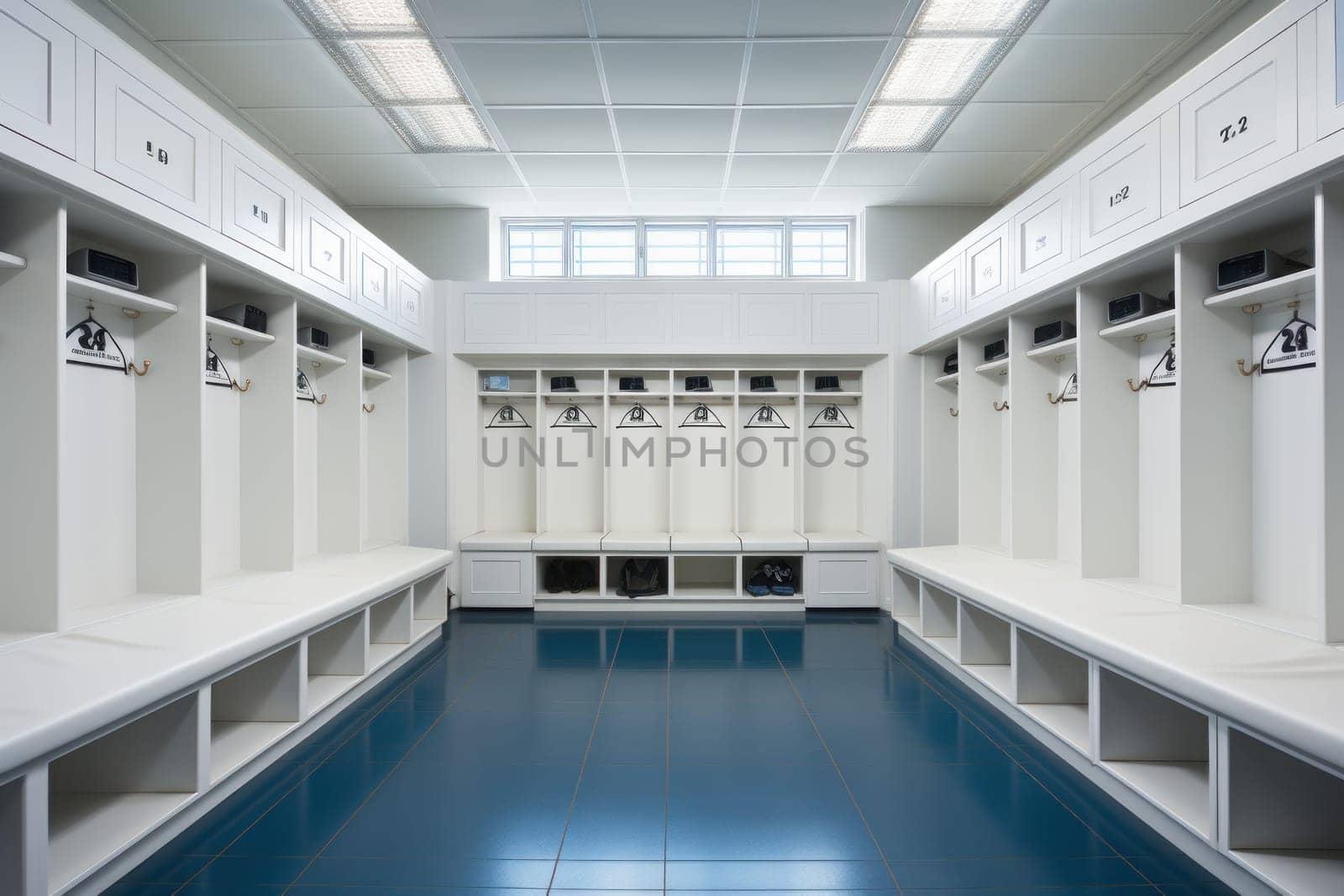 Bright image of football locker room clean and neat. wooden seats. Generative AI.