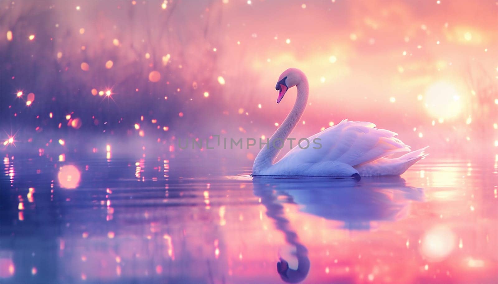 Magical pink sunset landscape with Swan sparkling lights. Swan are swimming in the water,sun light reflect like that sunset. Fairy tale design by Annebel146