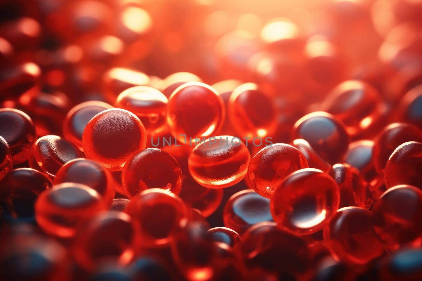 Red blood cells under microscope, scientific illustration. Generative AI.