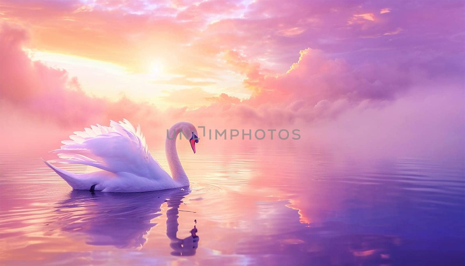 Magical pink sunset landscape with Swan sparkling lights. Swan are swimming in the water,sun light reflect like that sunset. Fairy tale design sparkles