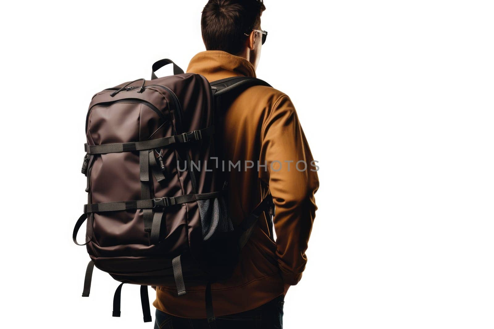 Backpack man wearing warm clothes waiting for departure in the airport, back view isolated on white. ai generated