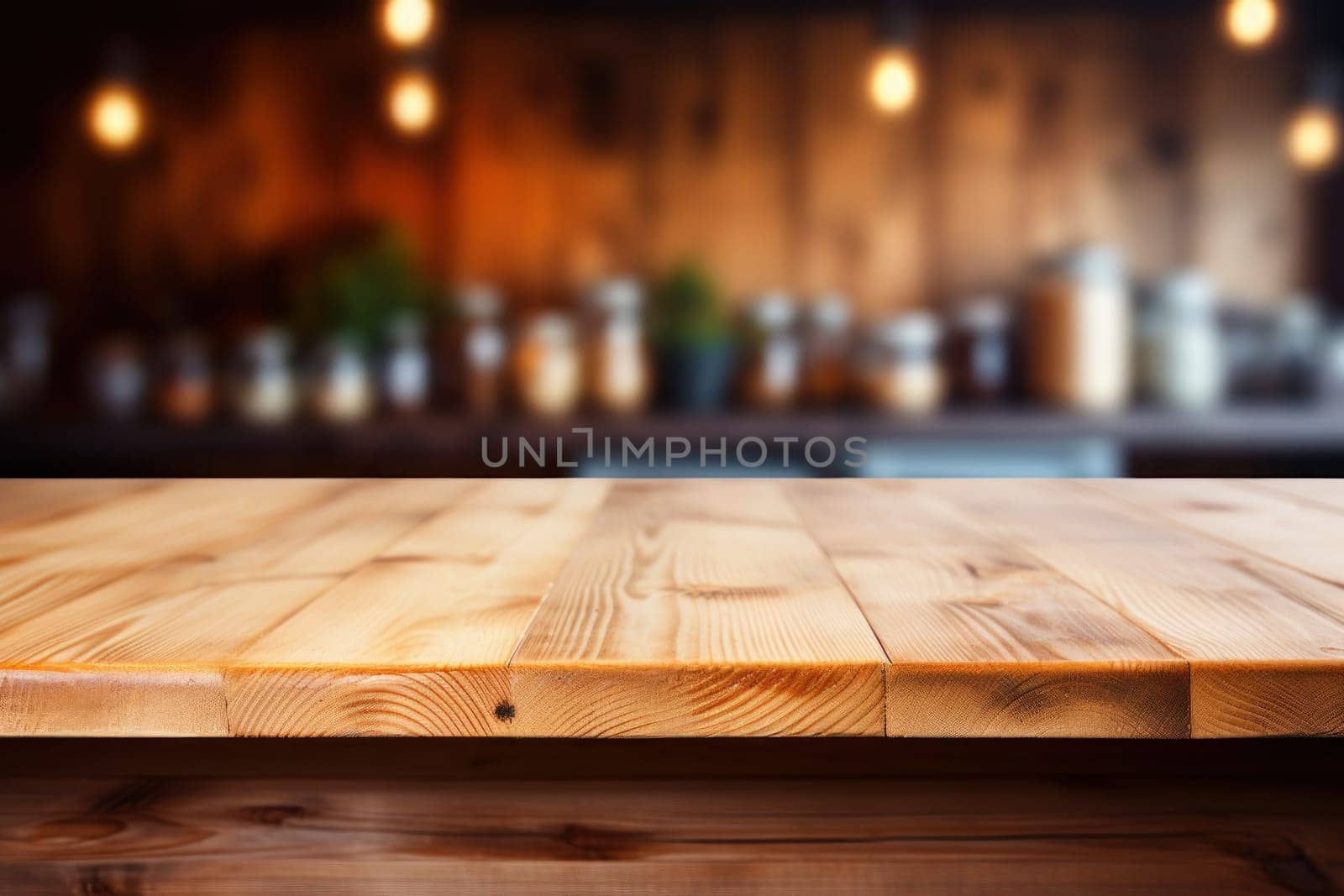 Empty wooden table and blurred kitchen background. Generative AI.