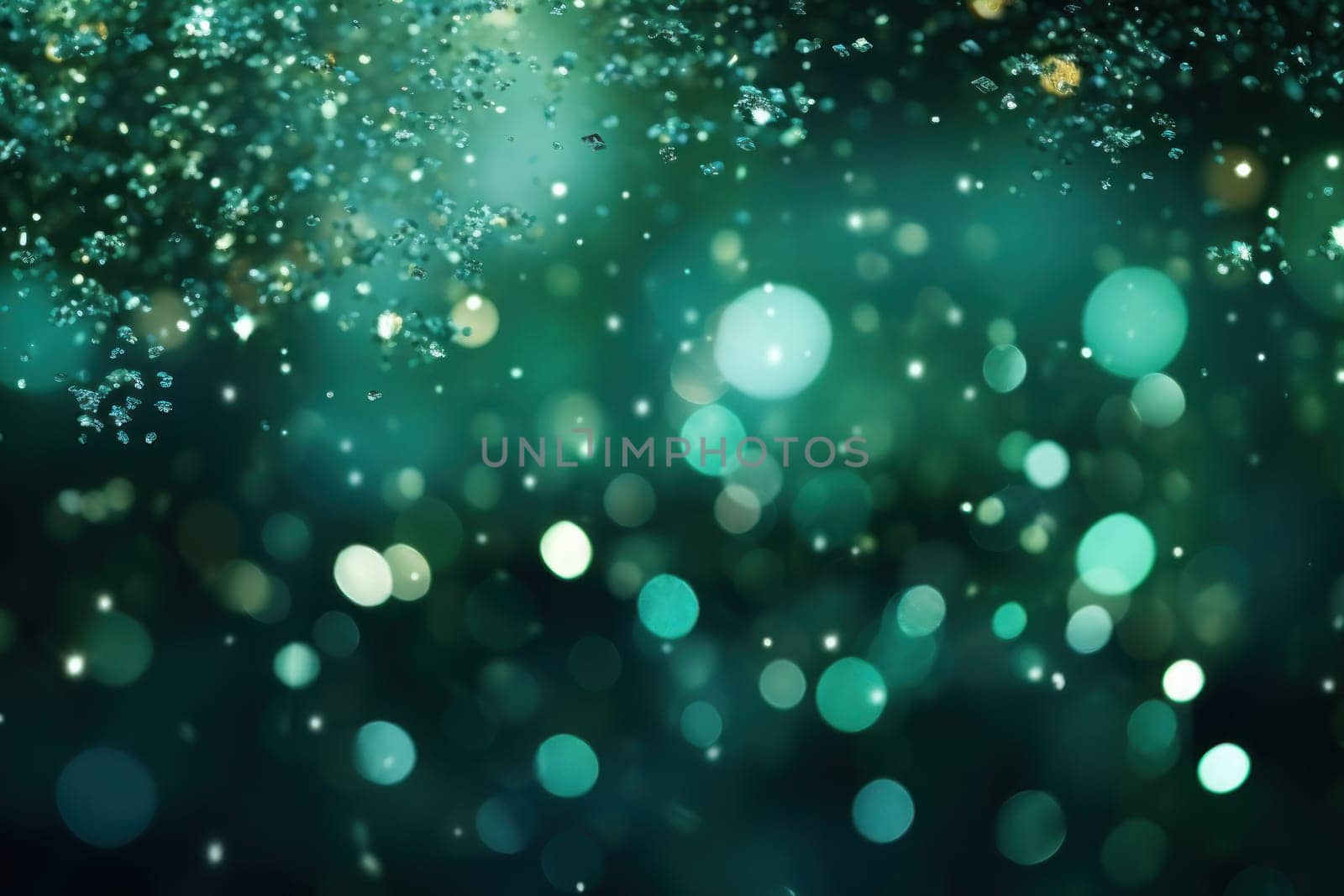 Glitter green blurred bokeh lights background. Generative AI.
