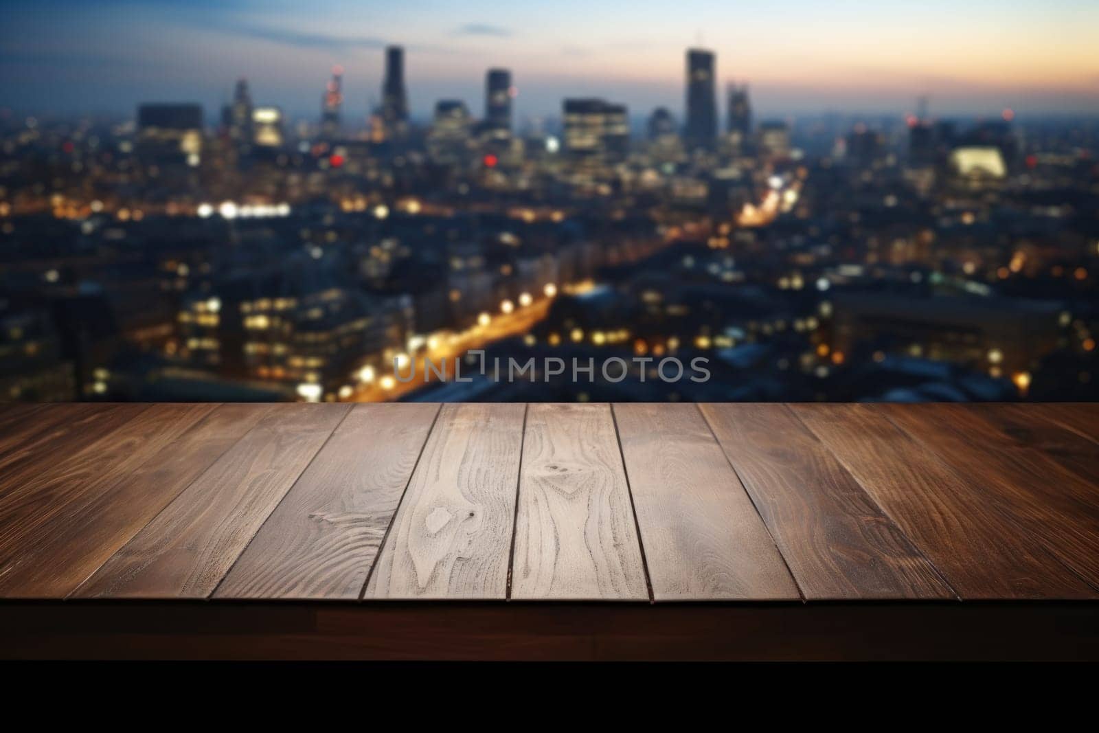 Empty table surface blurred Landmarks around the world in the background. Generative AI.