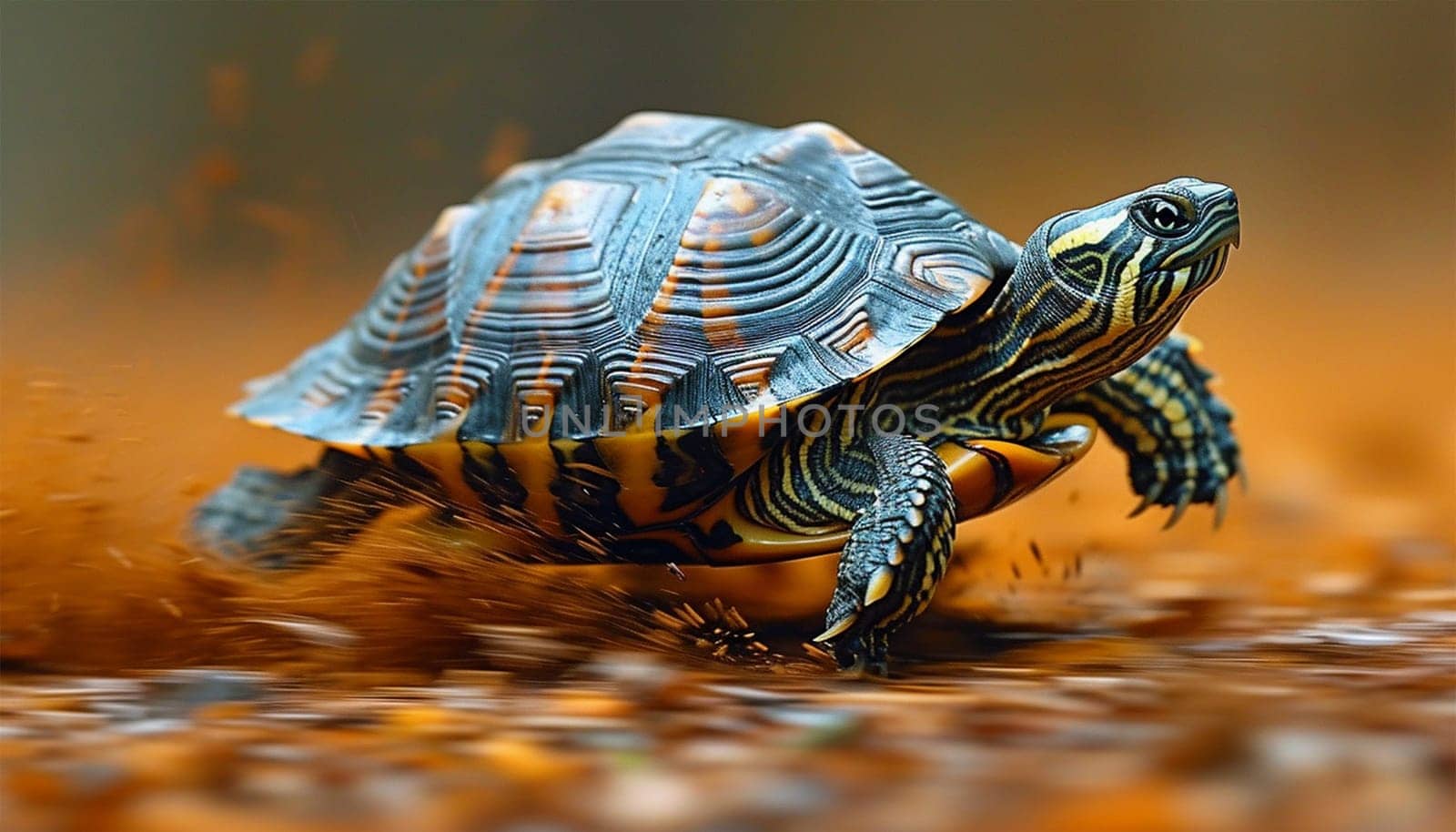 Fast turtle running. Speed race. The Tortoise. Turtle racing to win . Fast turtle in nature landscape