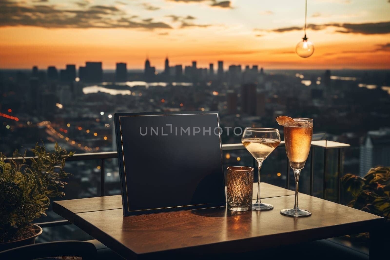 Promotional flyer for a rooftop bar with panoramic views. Generative AI.