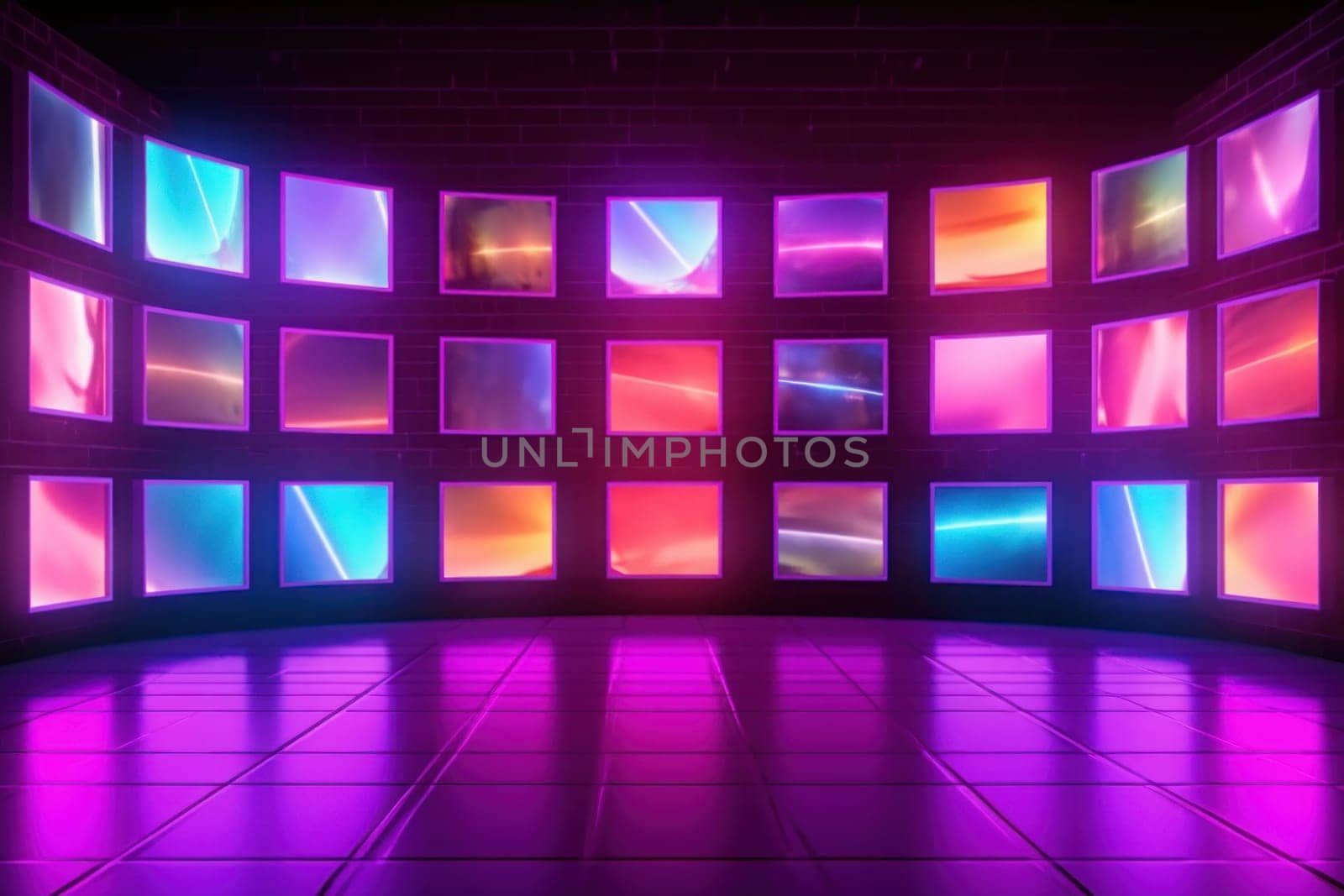 Background wall made of glowing tv screens, 3d unreal render, vibrant. Generative AI by golfmerrymaker