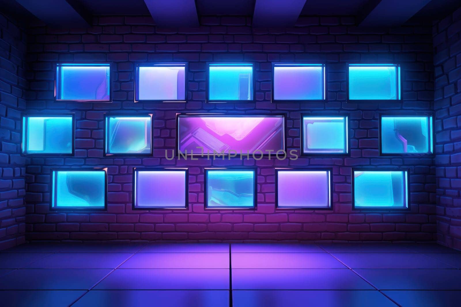 Background wall made of glowing tv screens, 3d unreal render, vibrant. Generative AI by golfmerrymaker