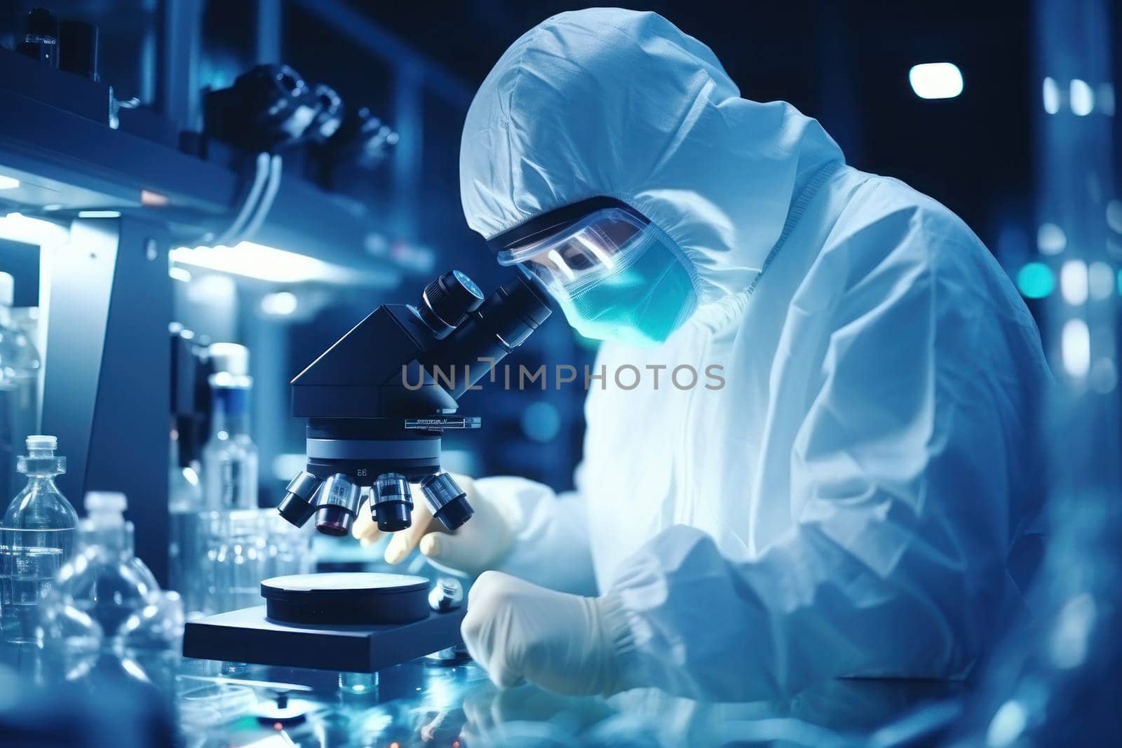 Scientist researcher using microscope in laboratory. Generative AI.