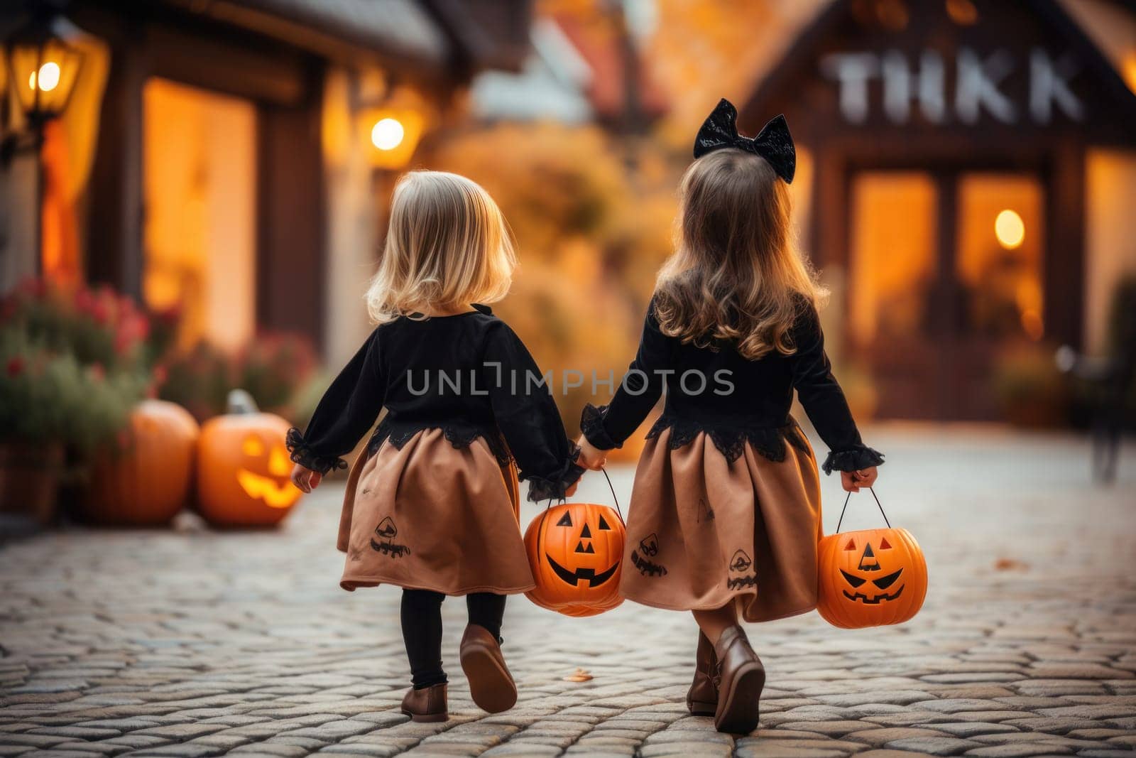 Children Trick Or Treating with Jack-O-Lantern Candy Buckets on Halloween.