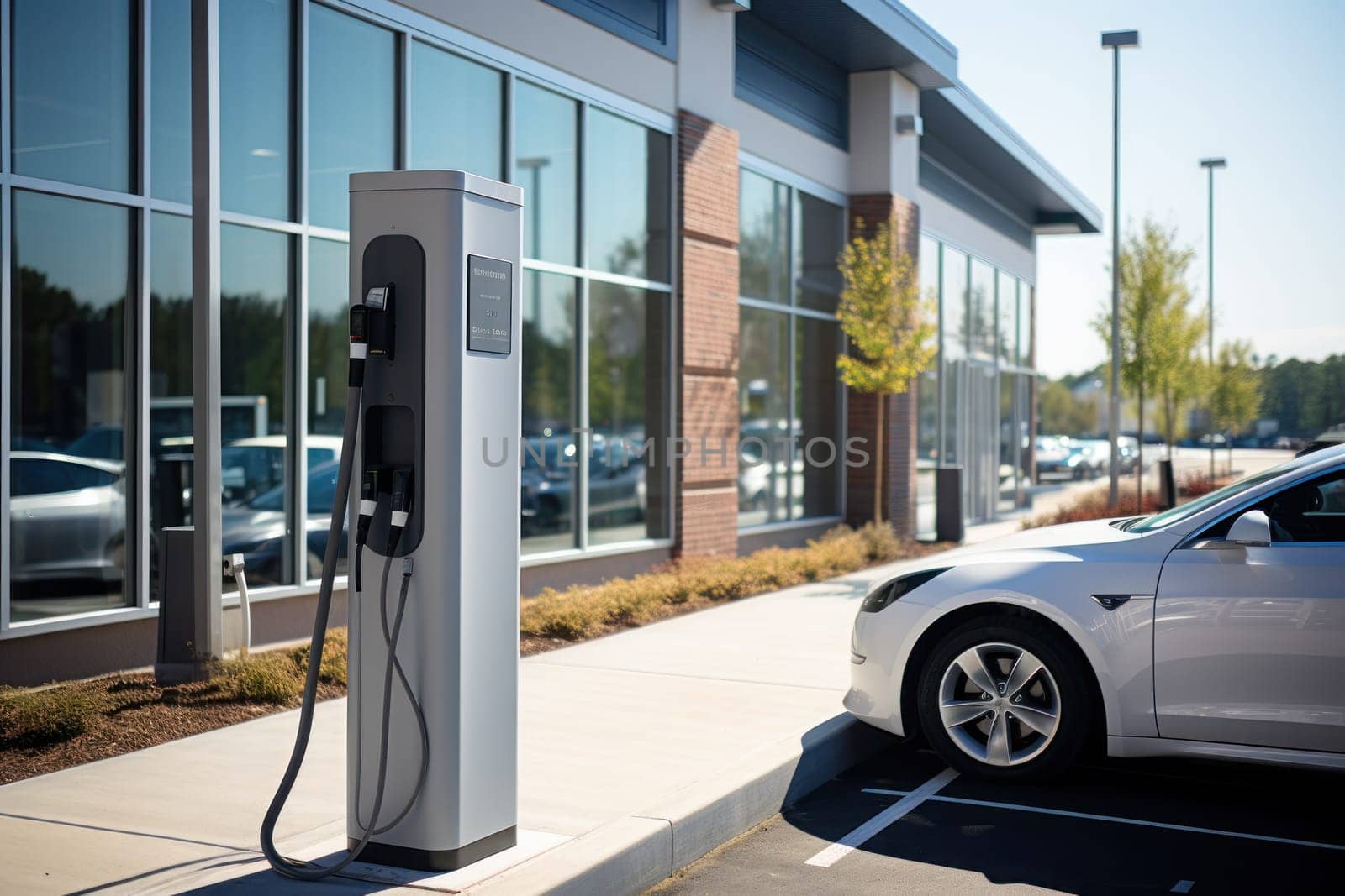 Electric car charging battery at EV charger station. Generative AI..