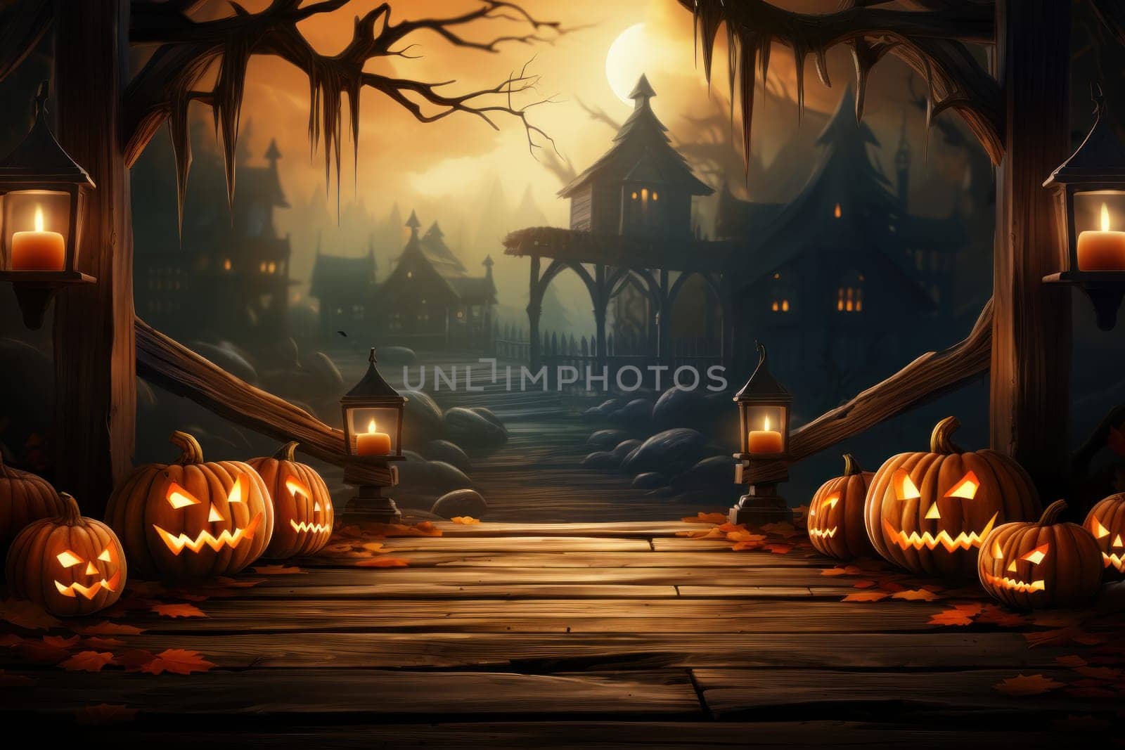 Wooden deck floor on the background of halloween theme background. Generative AI.