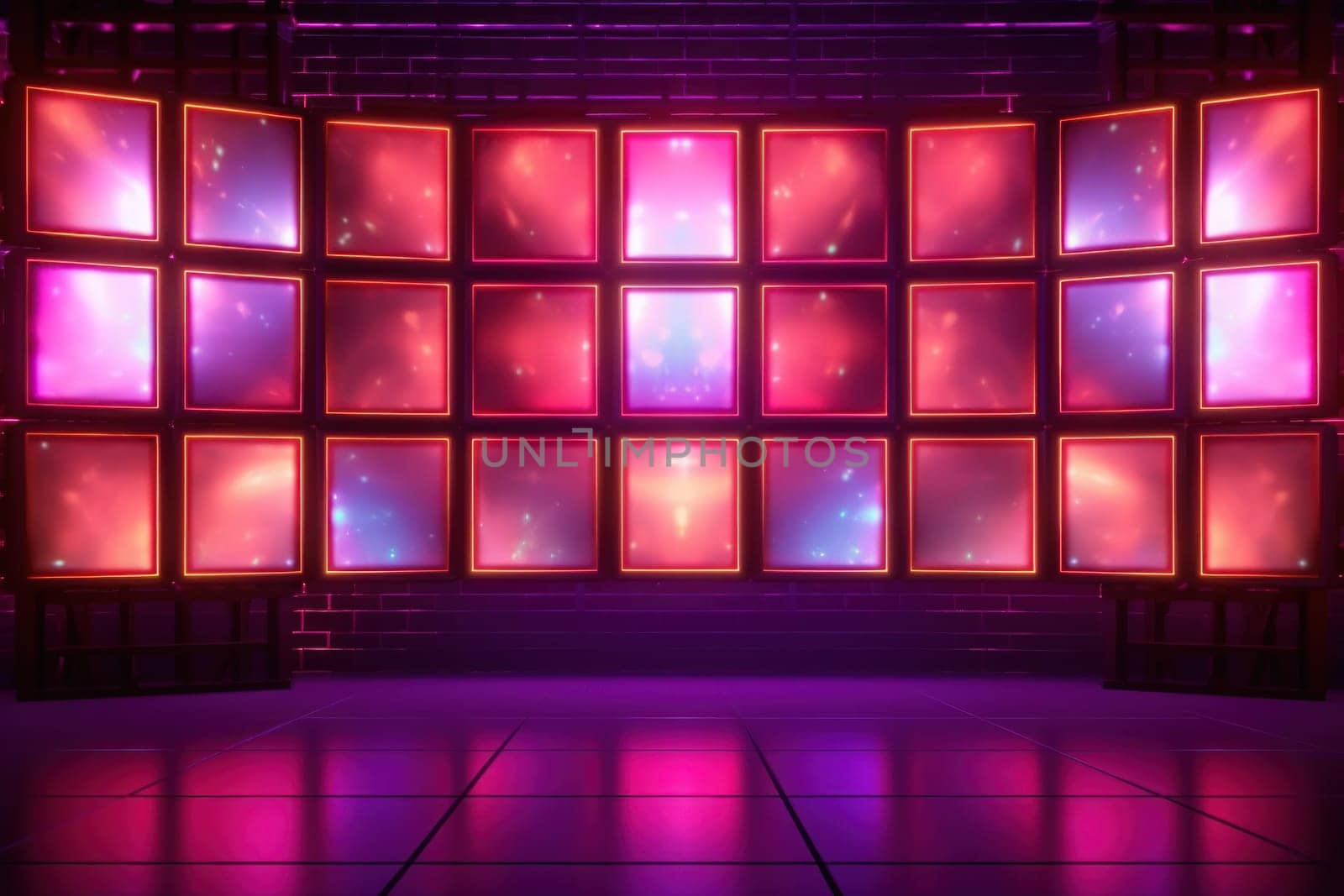 Background wall made of glowing tv screens, 3d unreal render, vibrant. Generative AI.