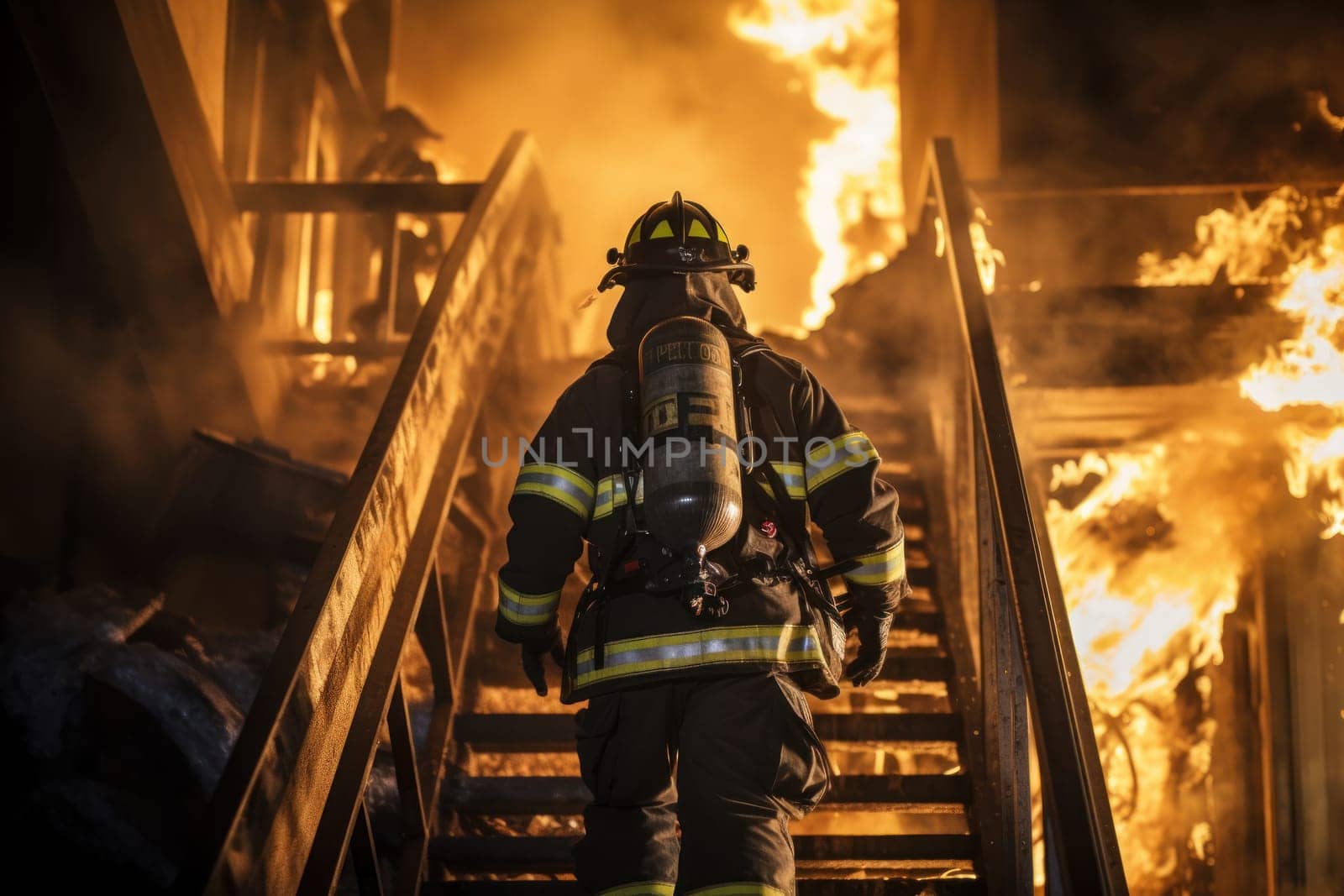 Firefighter in full gear walking up stairway severe fire. Generative AI.