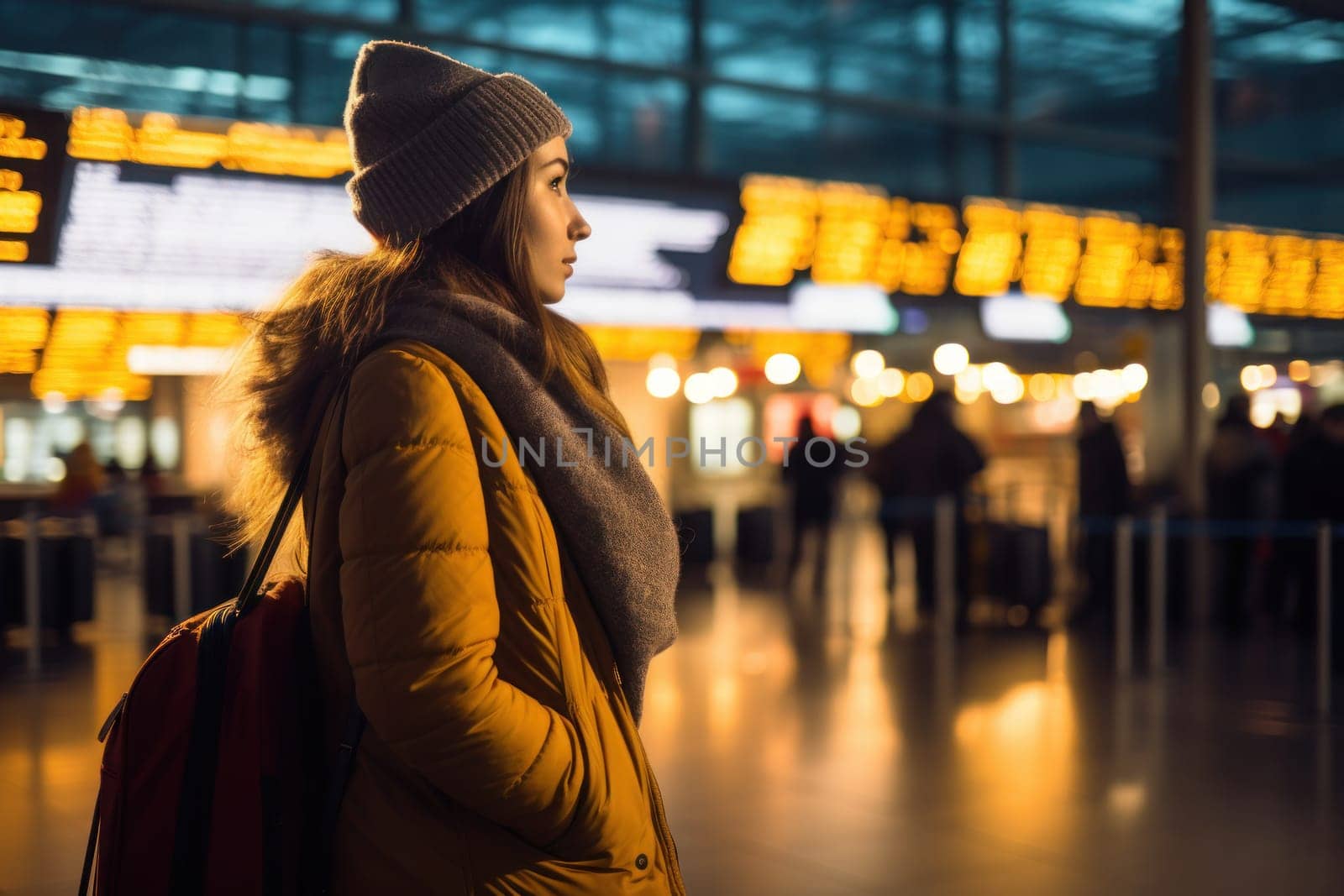 A young woman at an international airport looks at the flight information board. Generative AI.