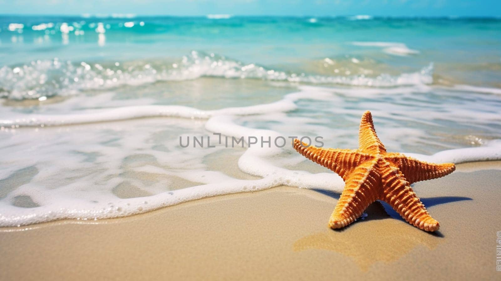 Starfish on the beach in the sea. selective focus. Generative AI, by mila1784