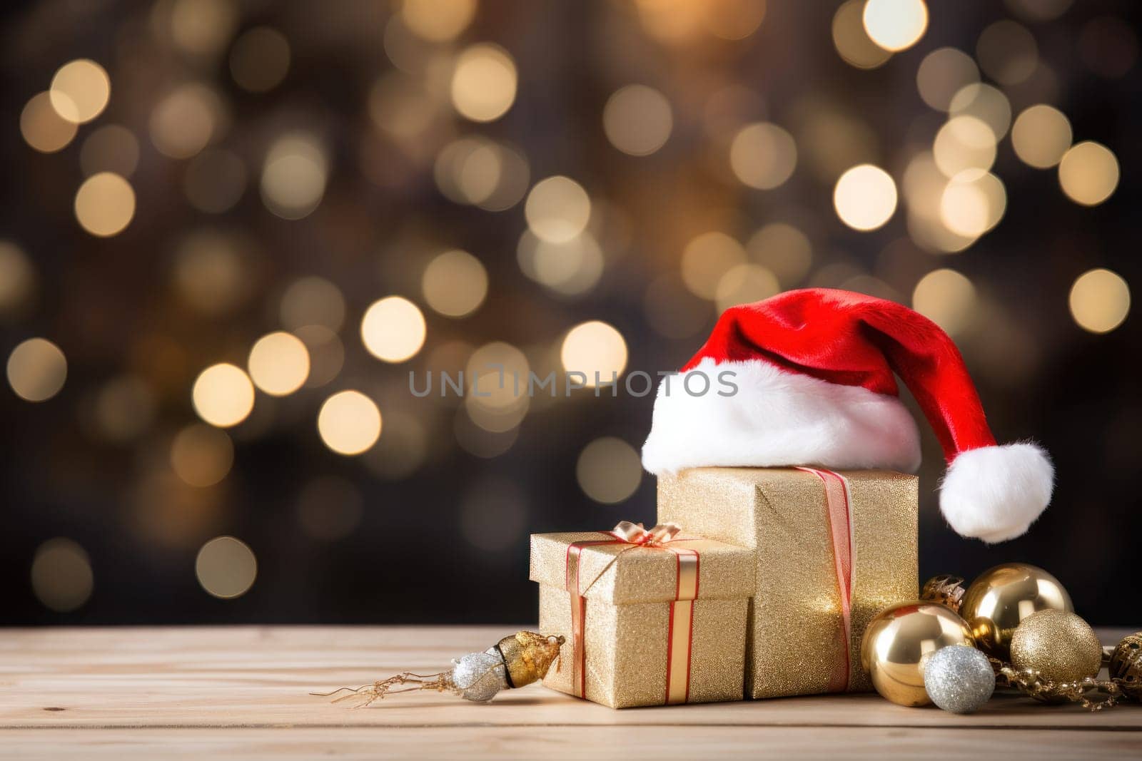 Piggy bank with Santa hat and gift coins on festive background. Generative AI.