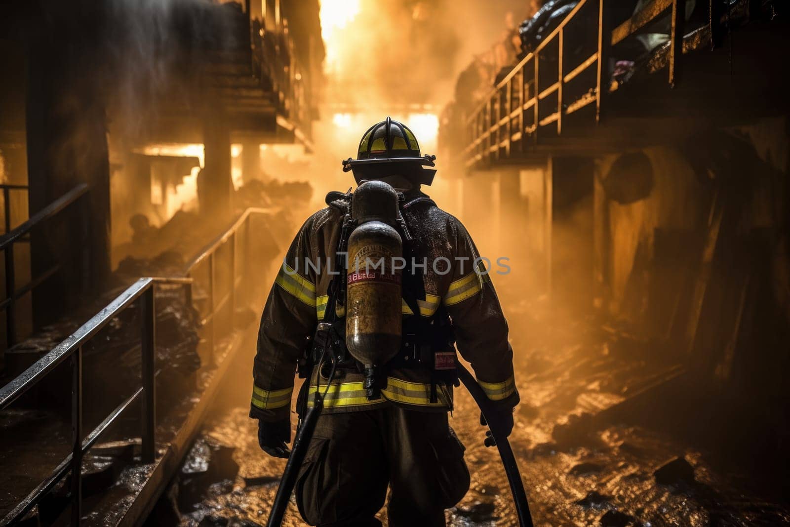 Firefighter in full gear walking up stairway severe fire. Generative AI.