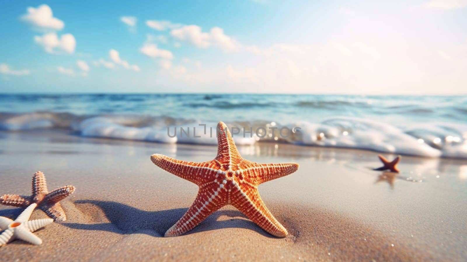 Starfish on the beach in the sea. selective focus. Generative AI, by mila1784