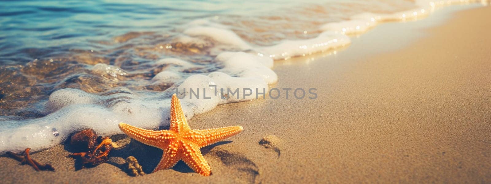 Starfish on the beach in the sea. selective focus. Generative AI, by mila1784