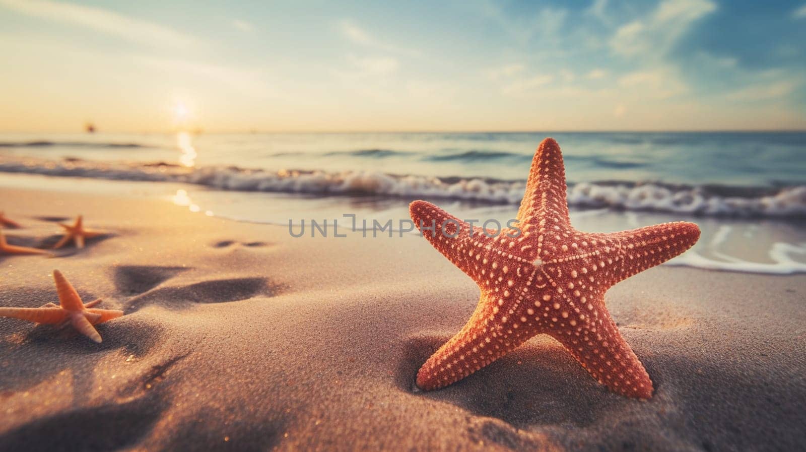 Starfish on the beach in the sea. selective focus. Generative AI, by mila1784