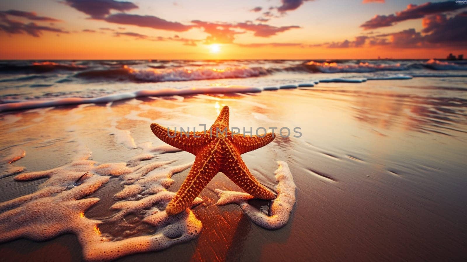 Starfish on the beach in the sea. selective focus. Generative AI, by mila1784