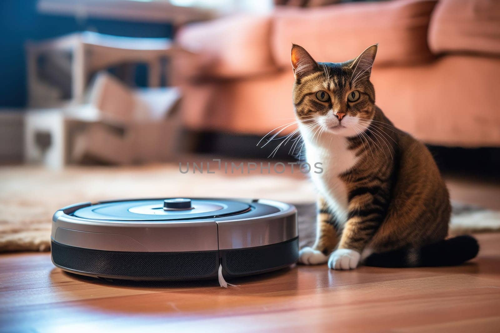 Cat sits on top of a robot vacuum cleaner, cleaning up scraps on the living room floor. Generative AI.