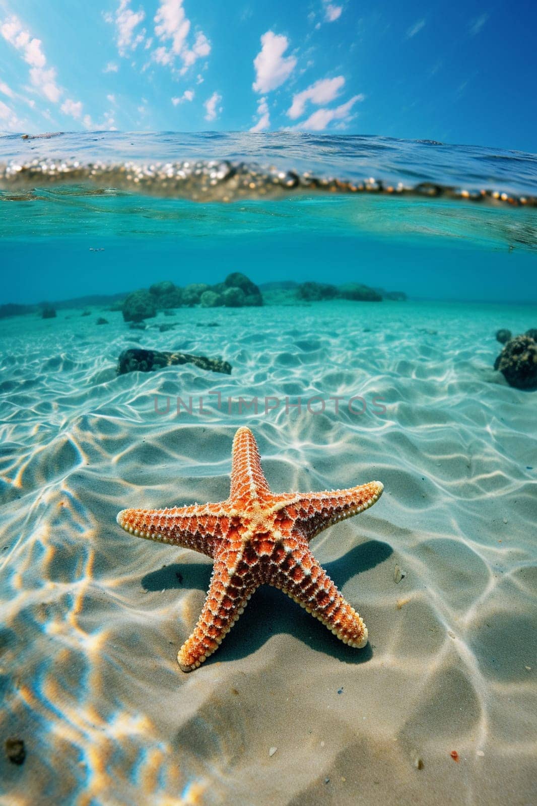 Starfish on the beach in the sea. selective focus. Generative AI, by mila1784