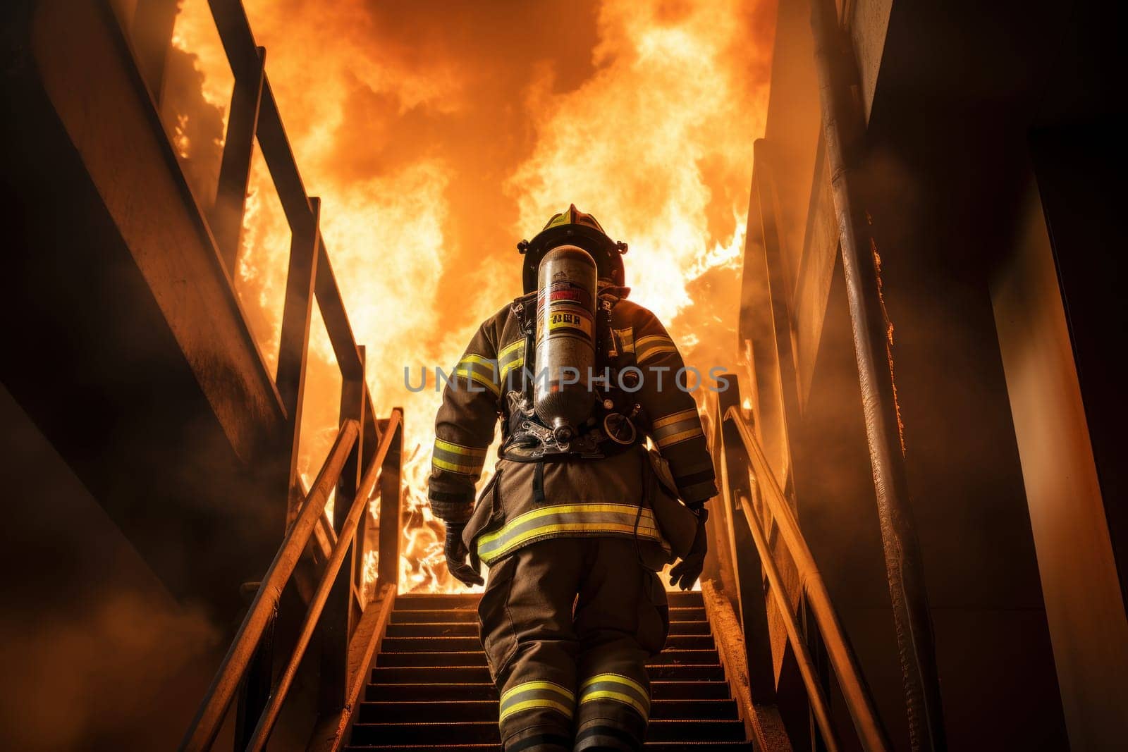 Firefighter in full gear walking up stairway severe fire. Generative AI.