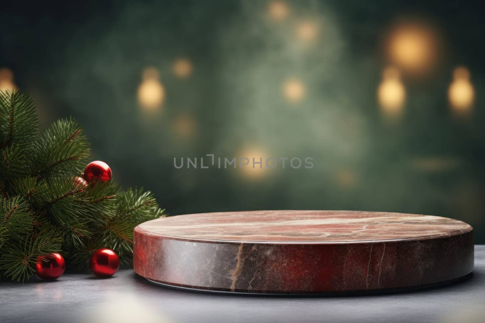 Product display podium in the foreground, copy space, with christmas theme. Generative AI.