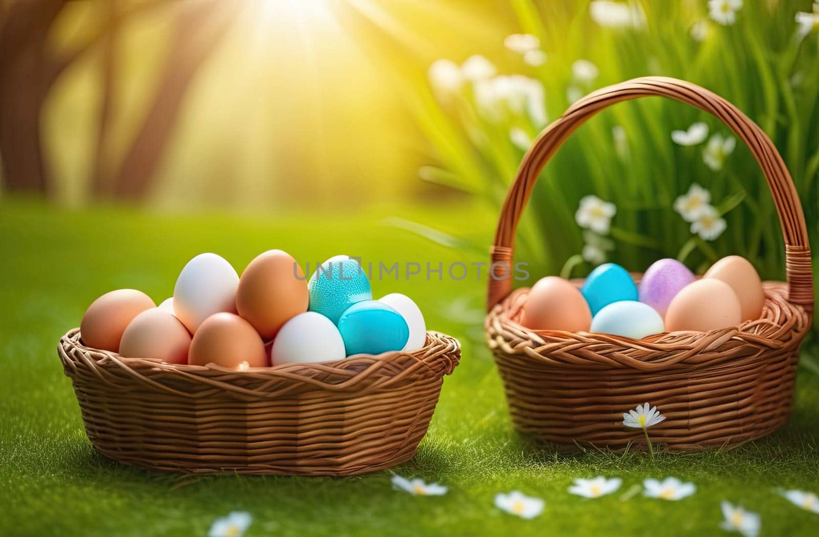 Easter concept. Egg hunt. A wicker basket with multi-colored Easter eggs on green grass in a park in spring, setting sun. Close-up.