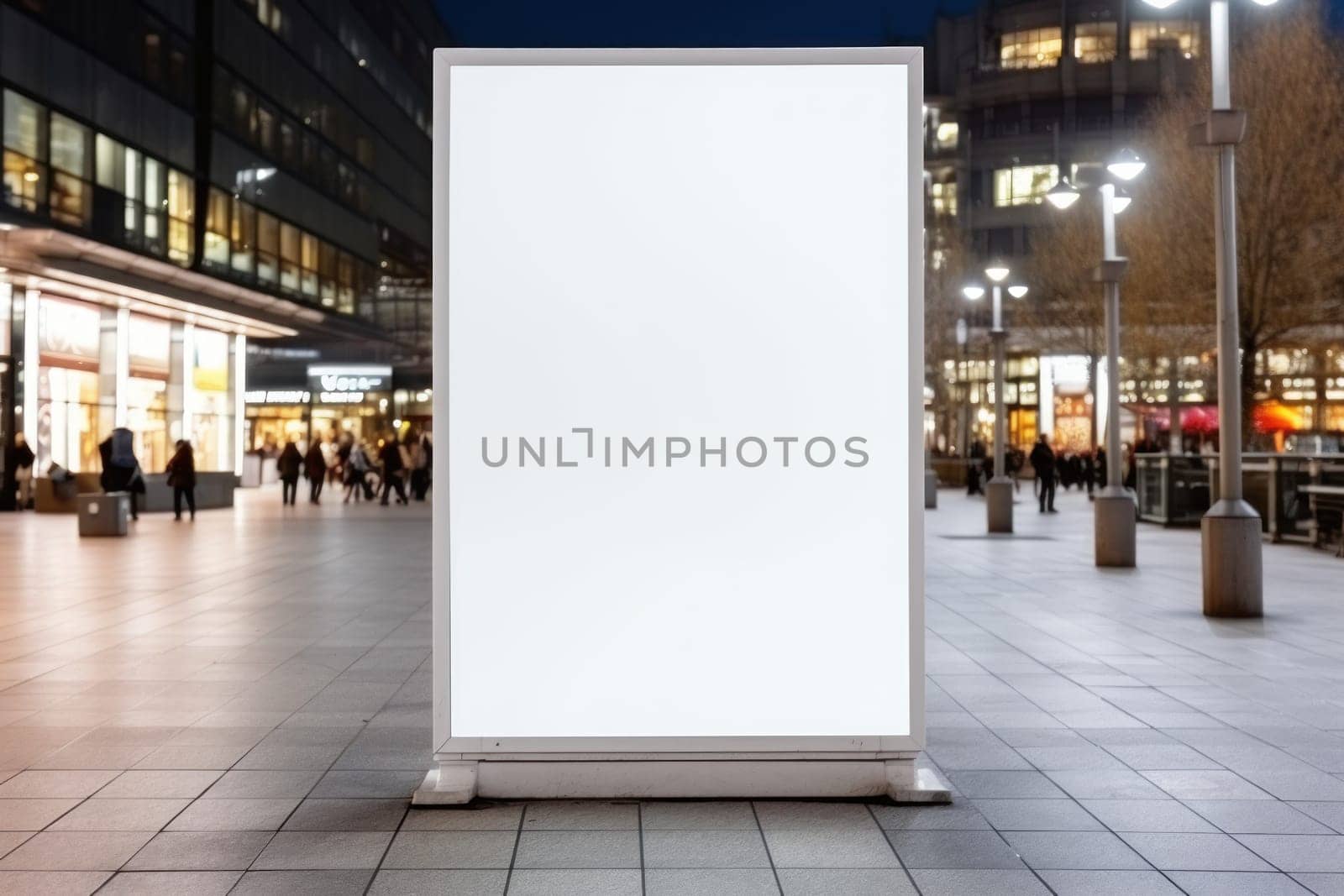Public shopping center mall advertisement board space as empty blank white mockup. Generative AI.
