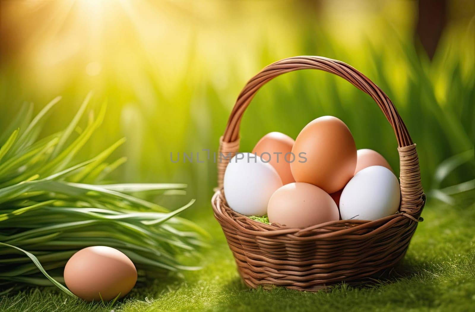 Easter concept. Egg hunt. A wicker basket with multi-colored Easter eggs on green grass in a park in spring, setting sun. Close-up.