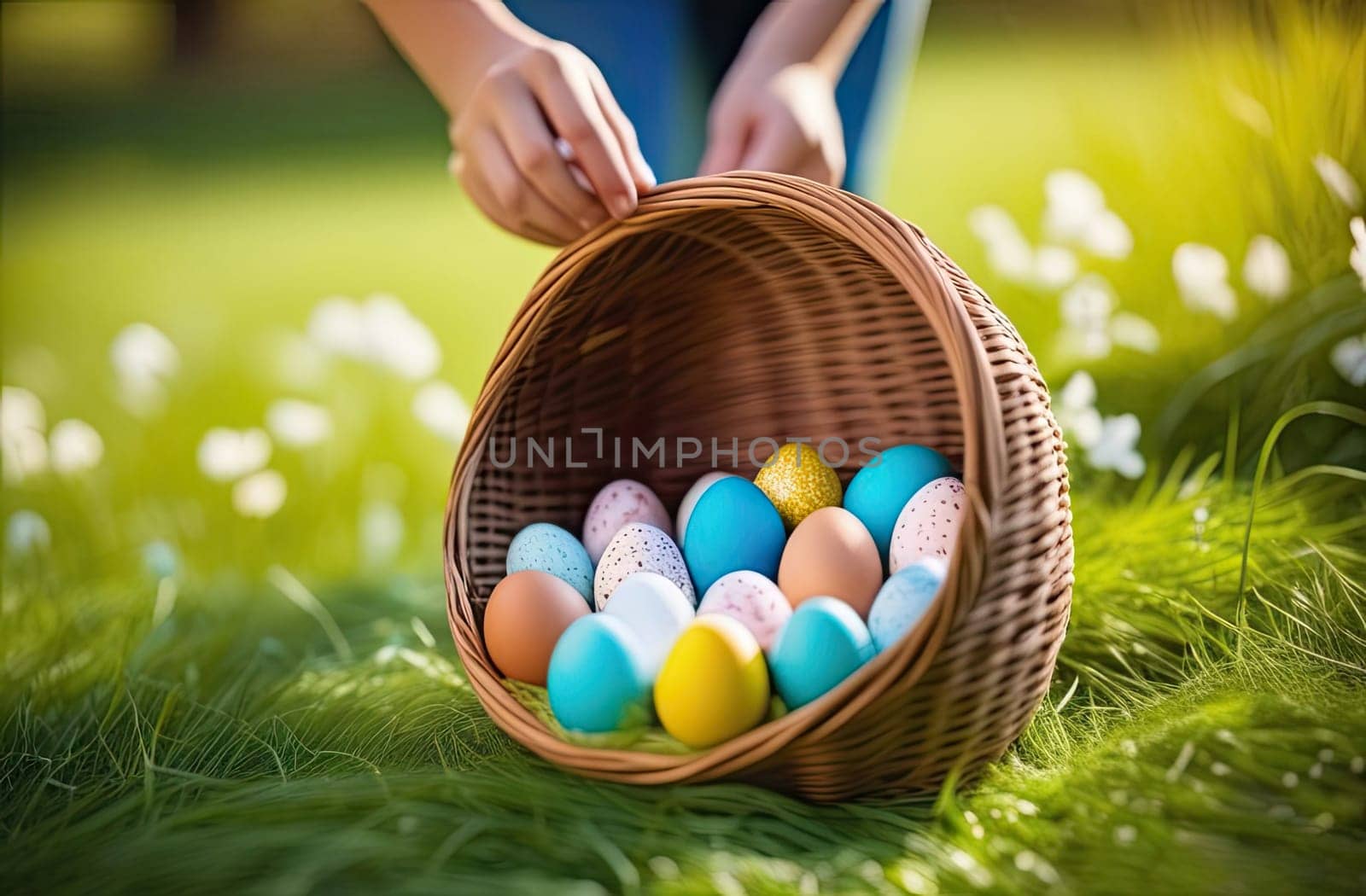 Easter concept. Egg hunt. Children's hands hold a wicker basket with multi-colored Easter eggs on the green grass in the park in the spring, setting sun. Close-up.