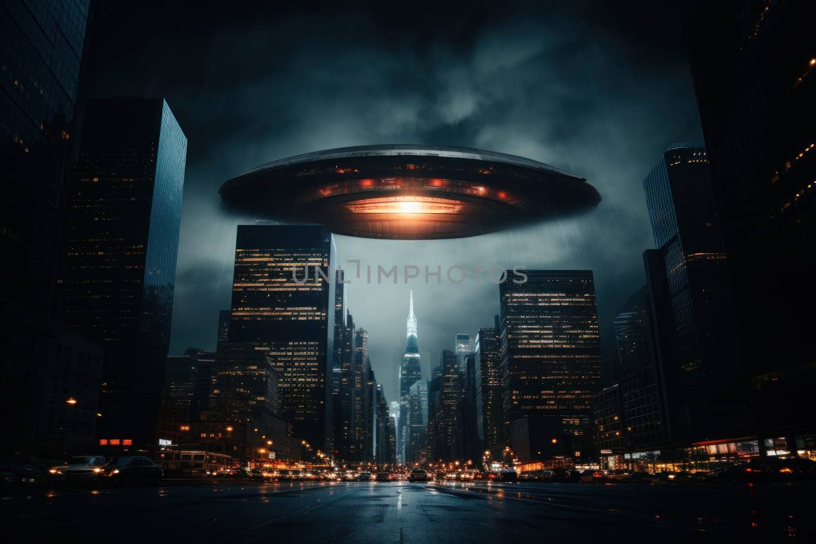 Photograph of a city corporate skyscraper with a UFO on top taken. Generative AI.