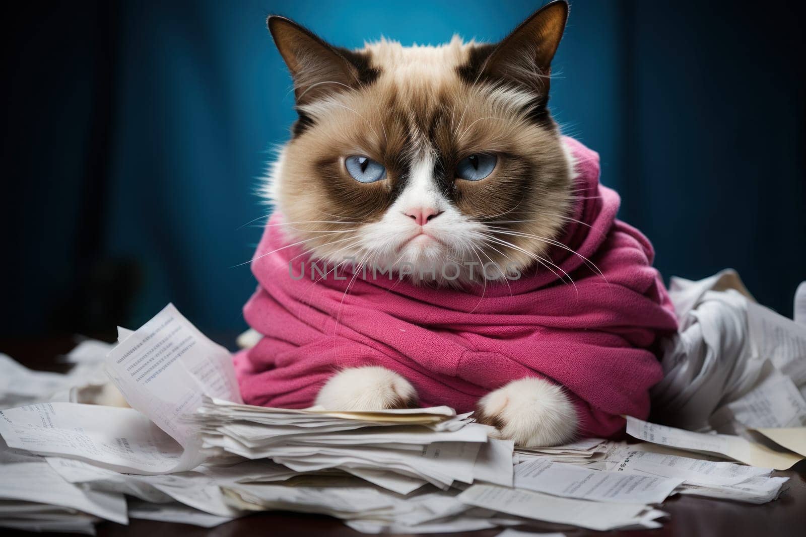 Grumpy faced cat gets dressed by owner. Generative AI.