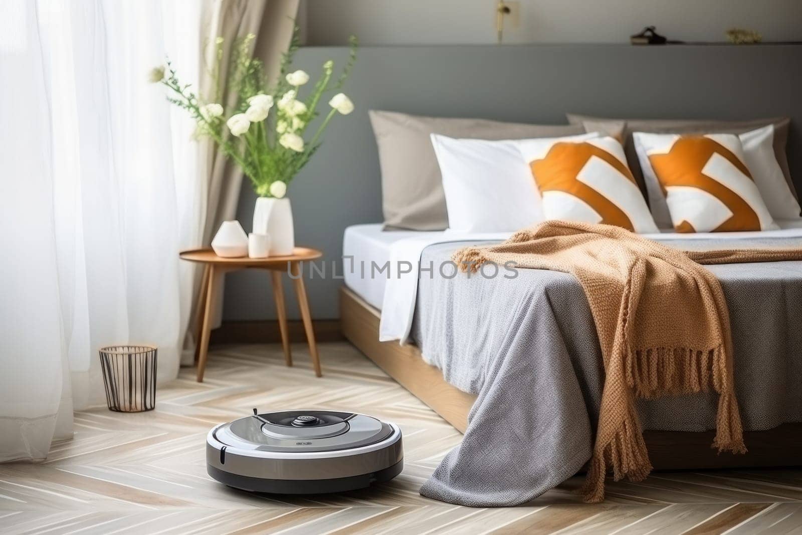 A robot vacuum cleaner is cleaning the bed room floor. Generative AI by golfmerrymaker