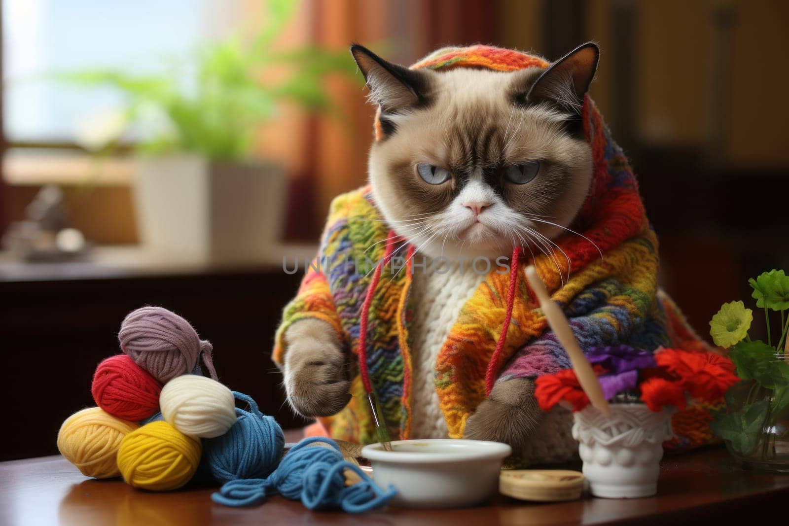 Grumpy faced cat gets dressed by owner. Generative AI.