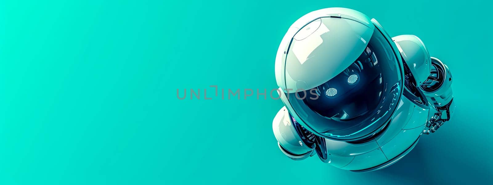 A sleek, futuristic robot with a glossy white helmet and visor, detailed with intricate mechanical parts, turquoise background, exemplifying advanced technology and artificial intelligence by Edophoto