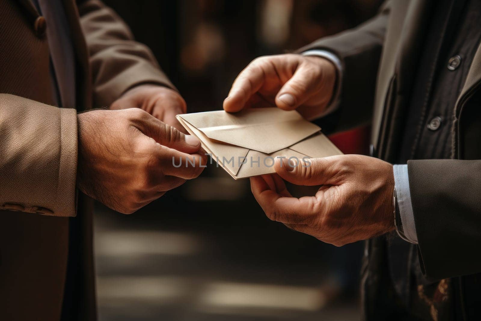 A man giving bribe money in a brown envelope to another businessman. Generative AI.