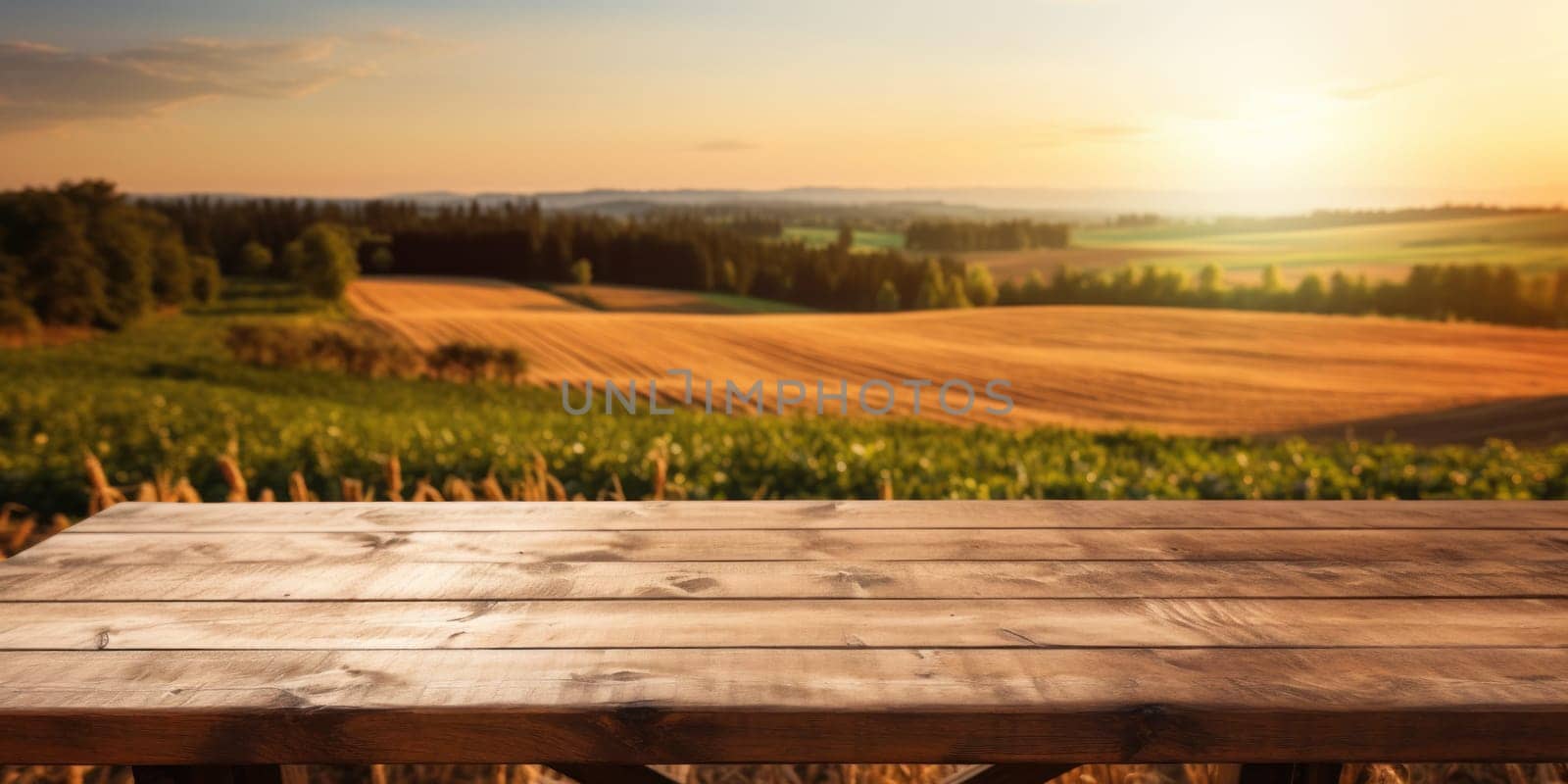 Empty wooden table top with farm landscape whit tractor during the autumn. Generative AI.